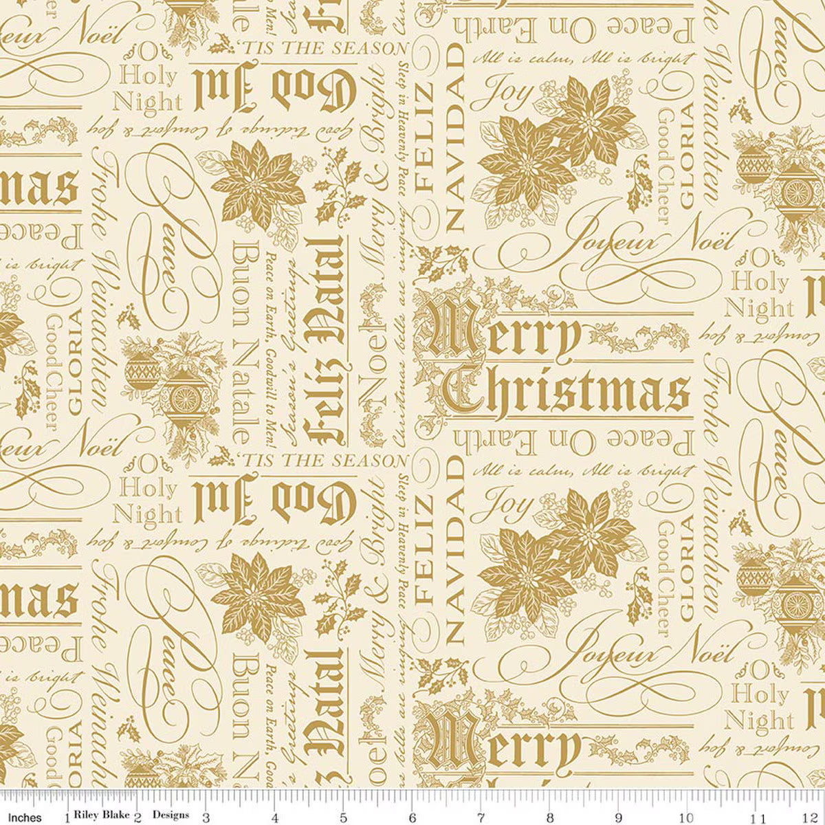 Poinsettias at Christmas Text Cream foil quilting fabric by Riley Blake