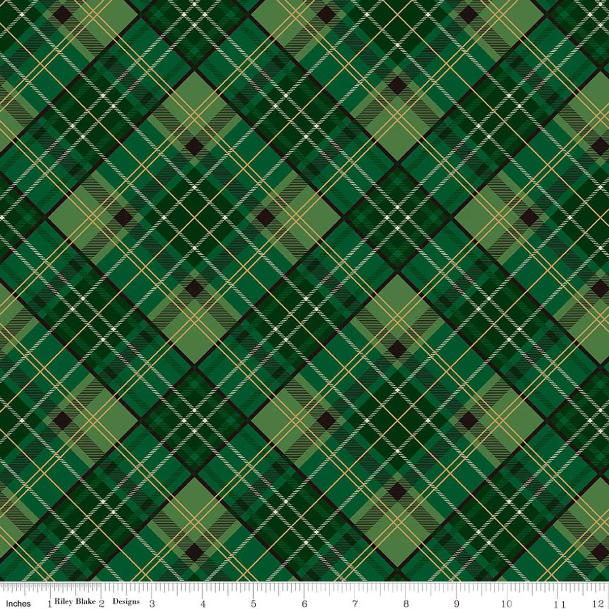 Poinsettias at Christmas Plaid Green foil quilting fabric by Riley Blake