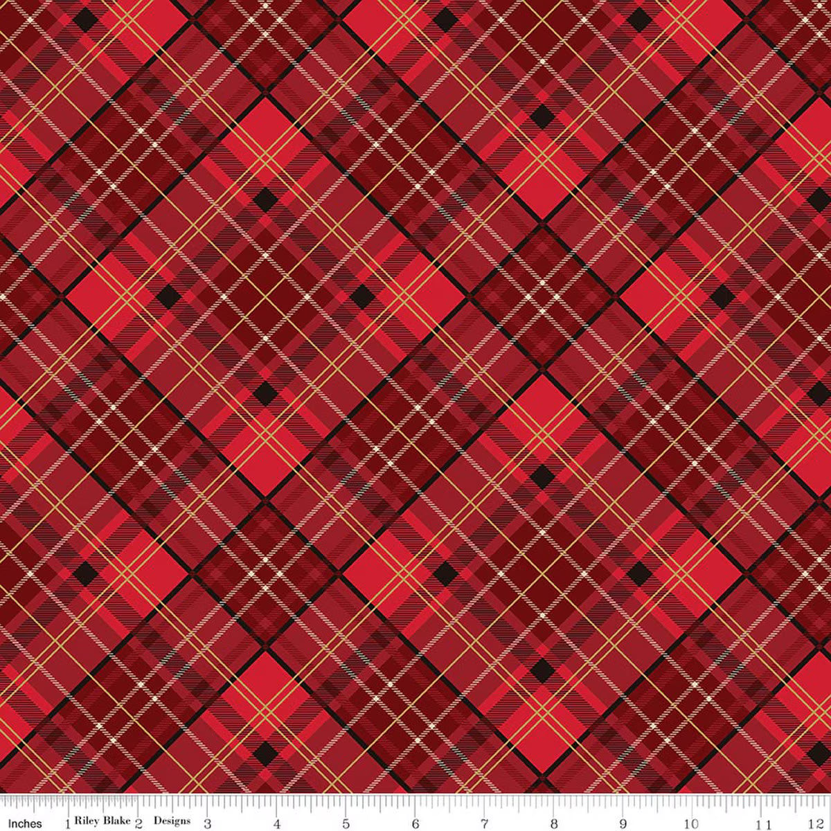 Poinsettias at Christmas Plaid Red foil quilting fabric by Riley Blake