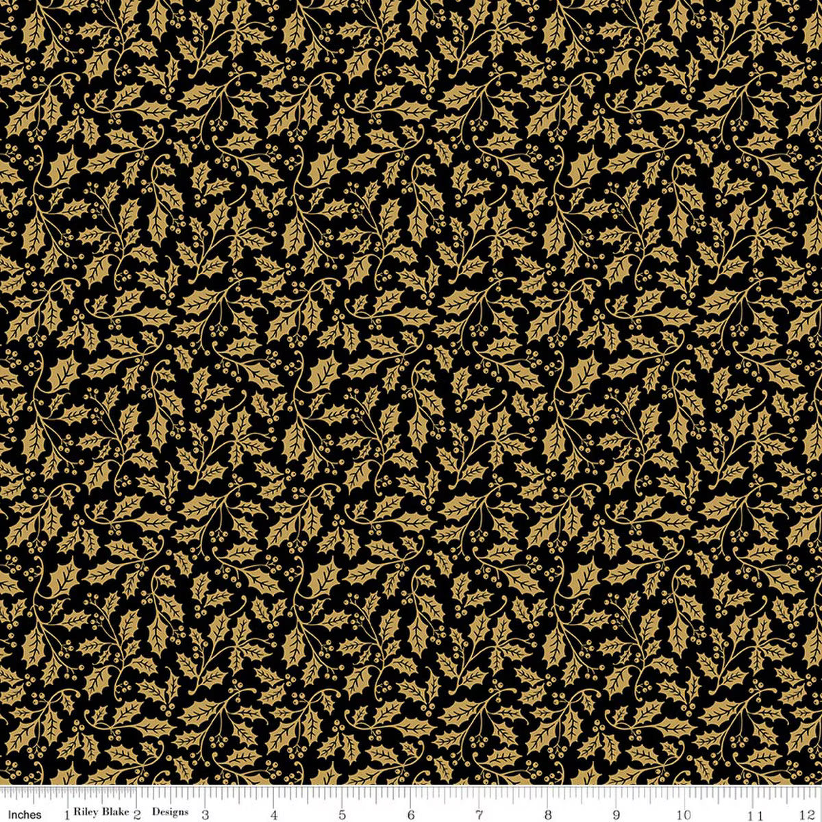 Poinsettias at Christmas Holly Black foil quilting fabric by Riley Blake