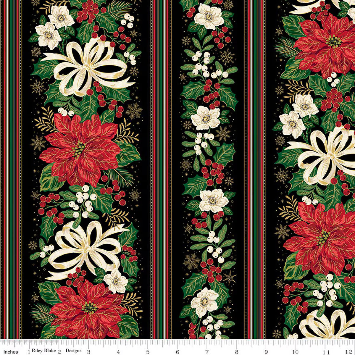 Poinsettias at Christmas Border Stripe Black foil quilting fabric by Riley Blake