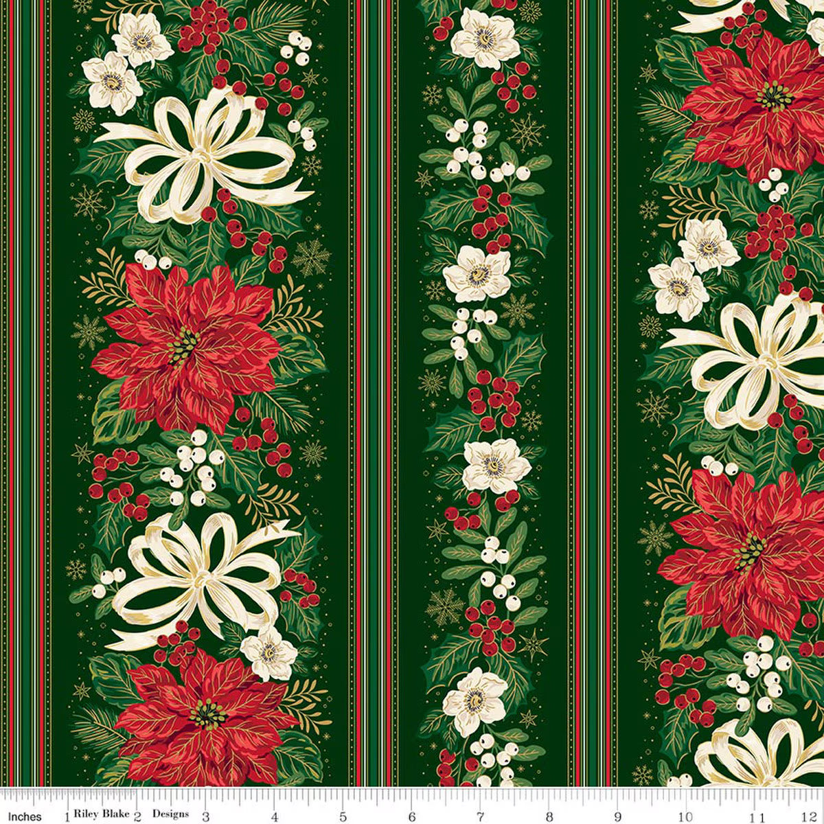 Poinsettias at Christmas Border Stripe Green foil quilting fabric by Riley Blake