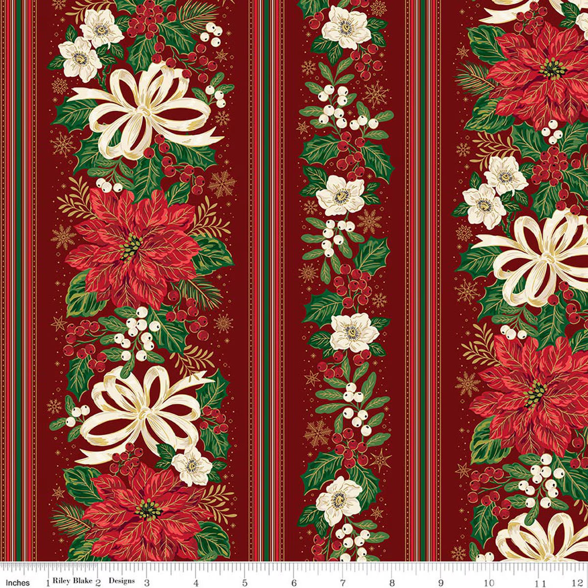 Poinsettias at Christmas Border Stripe Red foil quilting fabric by Riley Blake