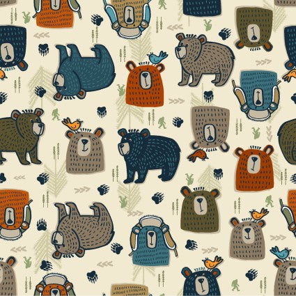 Clothworks Bear Camp Trail Cream Y4053 57 quilting fabric — bears on trail print