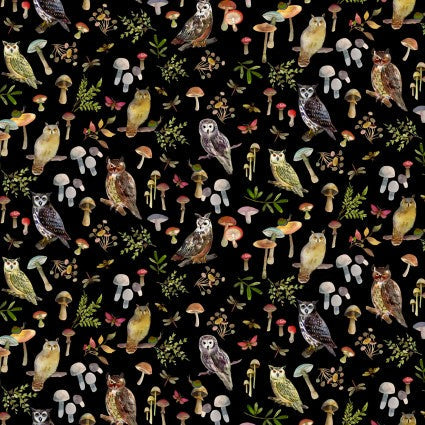 Clothworks Wild Wonder Owls Black quilting fabric — wide-eyed owls on black