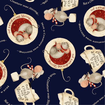 Clothworks Gingerbread Christmas mice navy blue