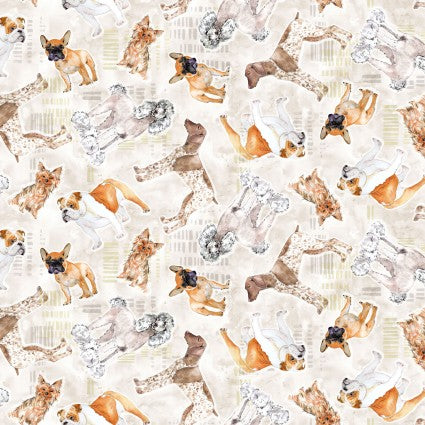 Clothworks Best Friends tossed dogs light taupe