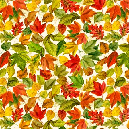 Timeless Treasures cream metallic fall leaves quilting cotton fabric