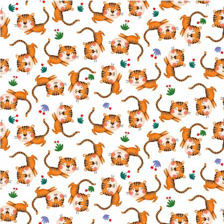Michael Miller Tiger White quilting fabric — bold tigers on white