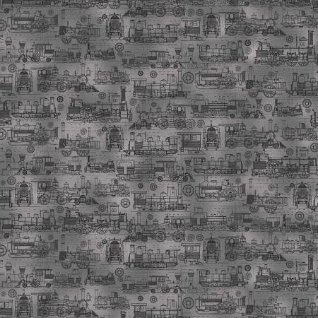Michael Miller Pewter Locomotives quilting fabric — vintage locomotive print on pewter gray