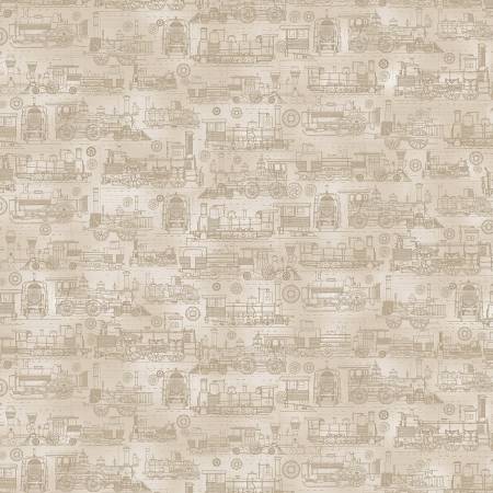 Michael Miller Tan Locomotives quilting fabric — vintage locomotive print on tan
