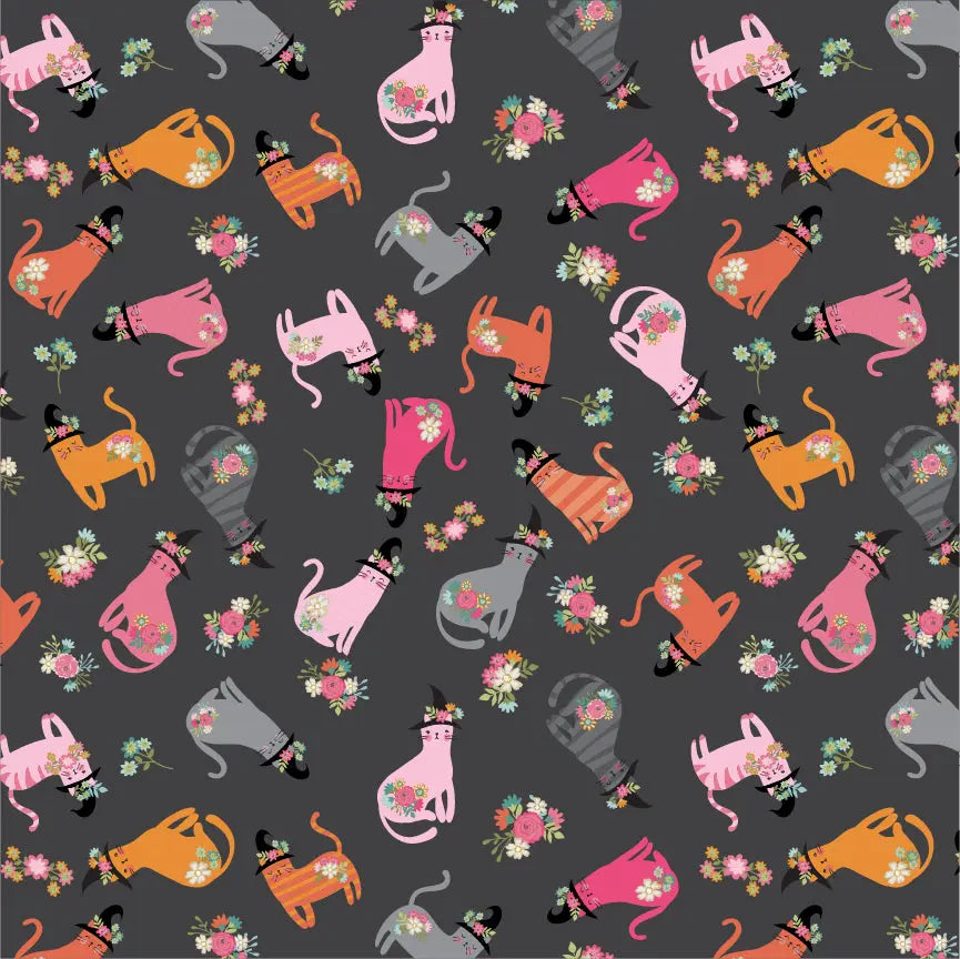 Cats In Hats Poppie Cotton Black 44"/45" Fabric Per Yard Poppie Cotton