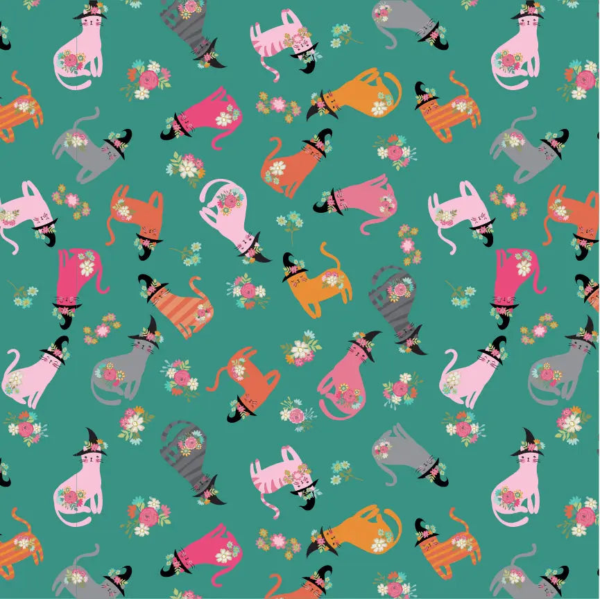 Cats In Hats Poppie Cotton Teal 44"/45" Fabric Per Yard Poppie Cotton