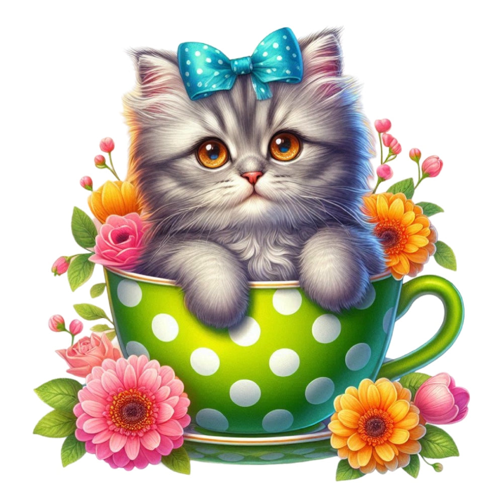 Cats in Tea Cups Fabric Panel 19 QuiltingFabricPanels