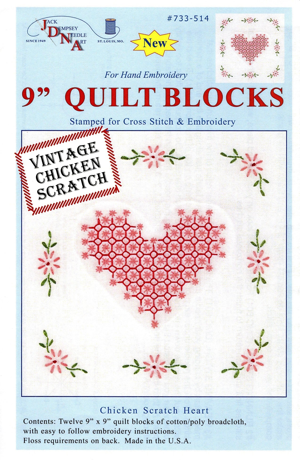 Chicken Scratch Hearts Quilt Blocks 9in