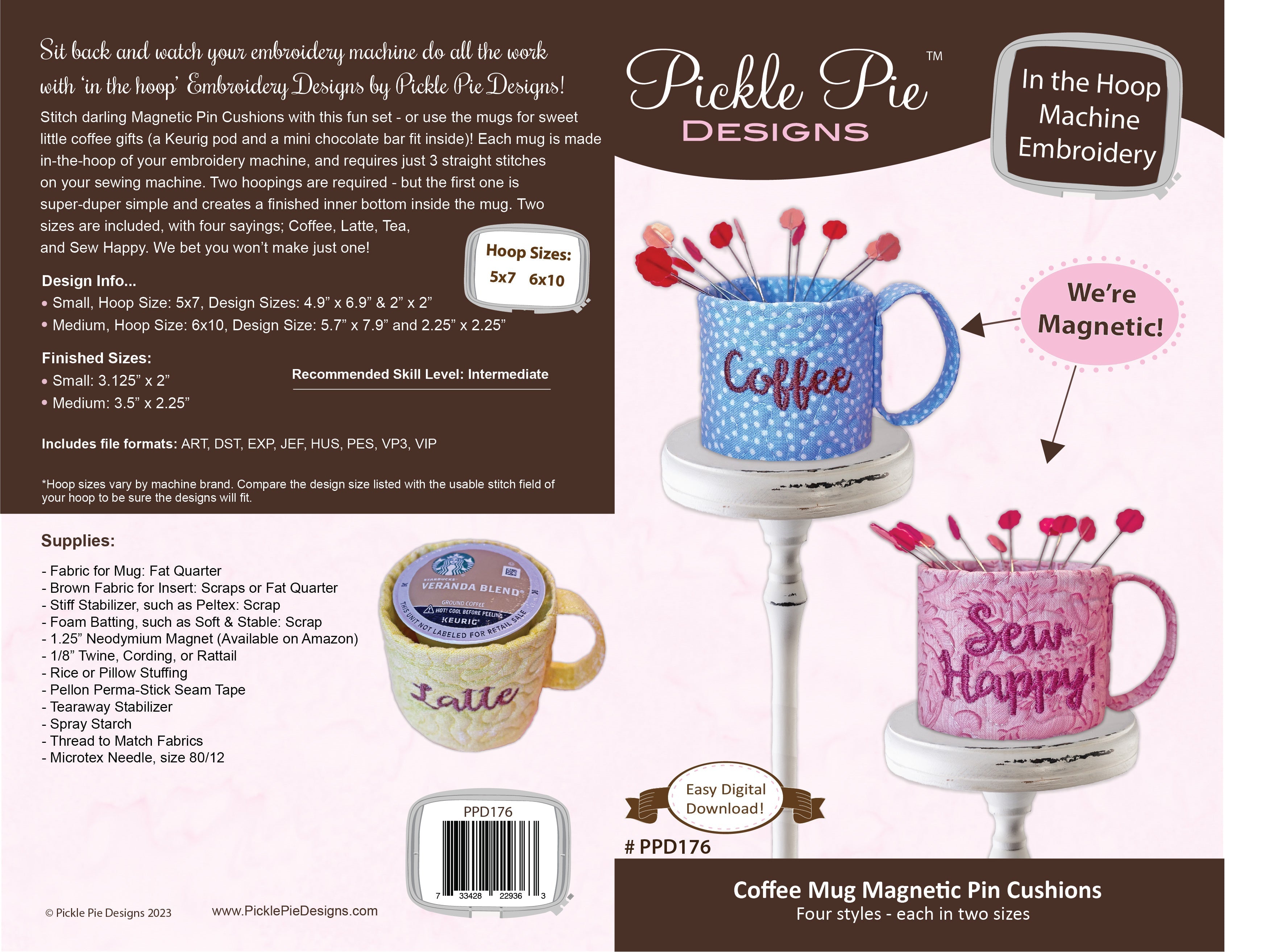 Coffee Mug Magnetic Pin Cushions In the Hoop Machine Embroidery Design Set