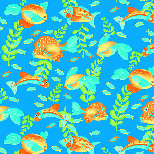 Comfy Flannel - Bright Fish on Blue 44"/45" Cotton Flannel Fabric per yard