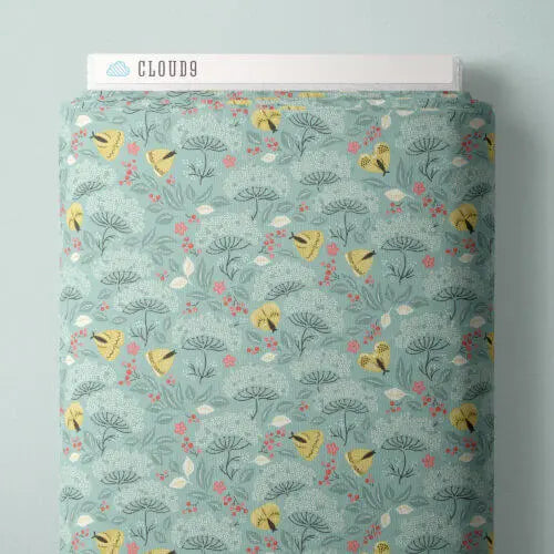 Cottage Garden - Moth Haven - Turquoise/Gold 44" / 45" Fabric Per Yard The Fabric Company