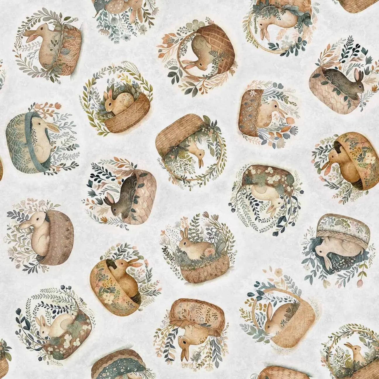 Cotton Tails - Rabbit and Basket Toss - Grey 44" / 45" Fabric Per Yard The Fabric Company