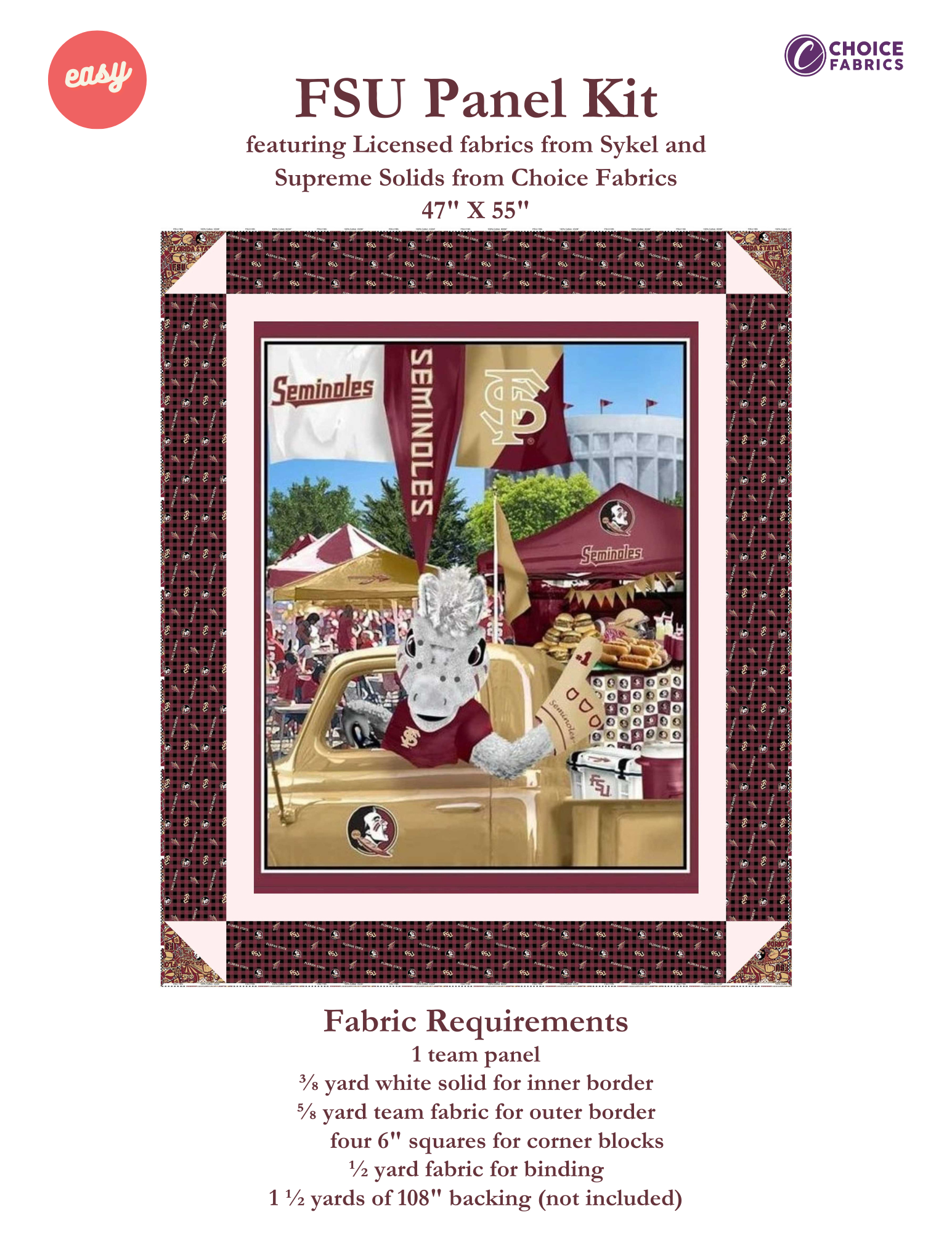 Florida State Seminoles - Tailgate Panel - Quilt Kit | Batting Included