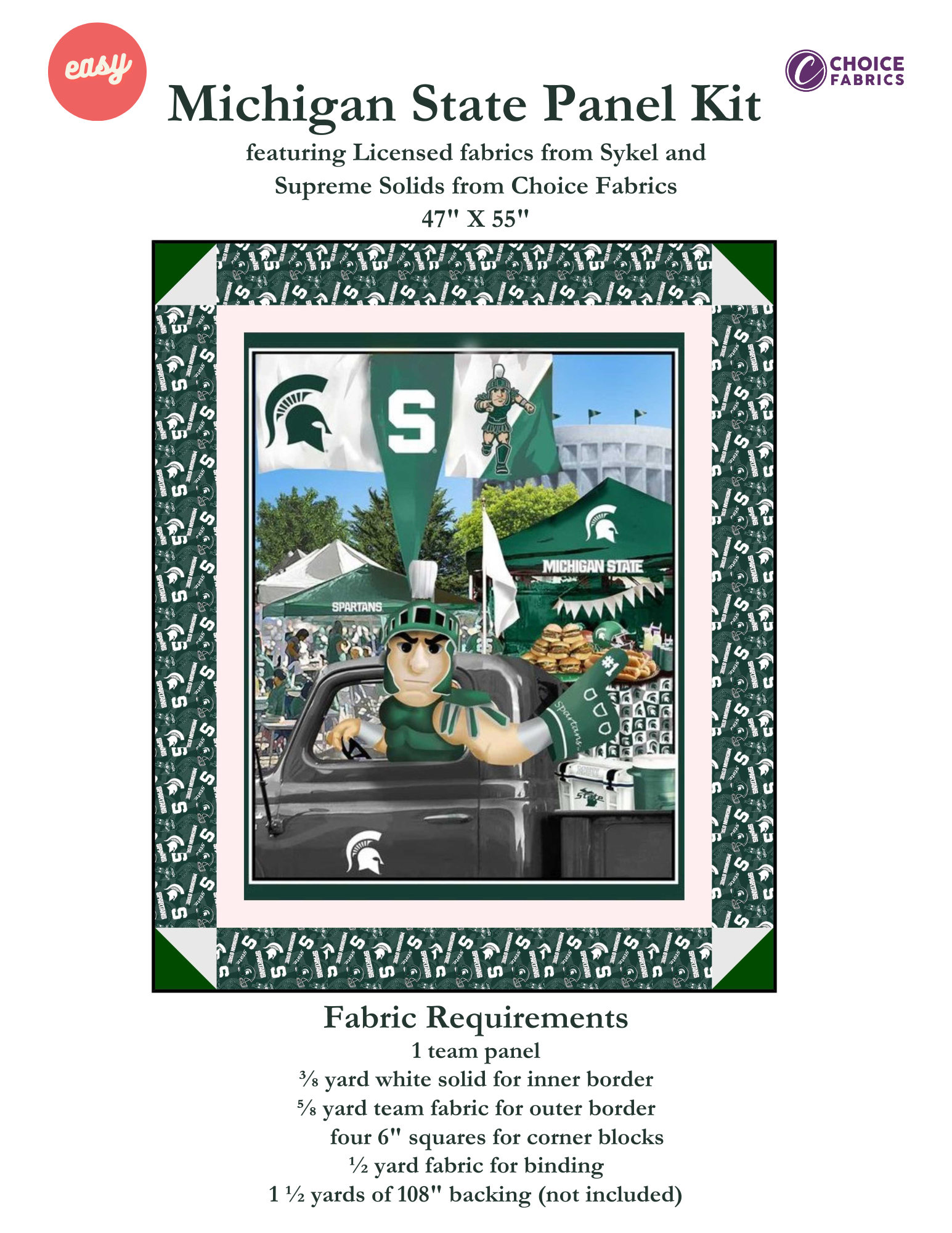 Michigan State Spartans - Tailgate Panel - Quilt Kit | Batting Included