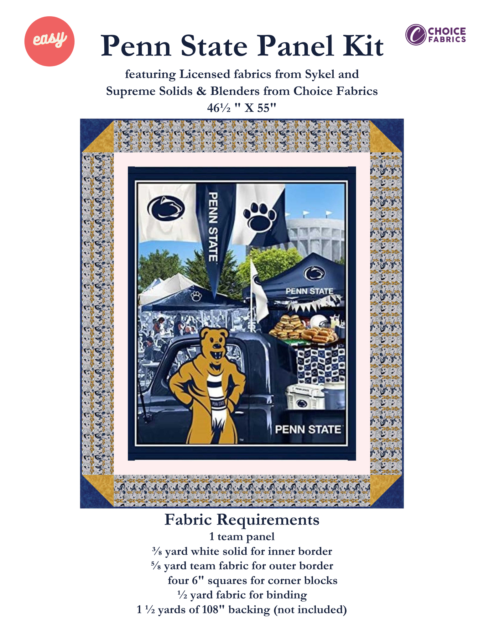 Penn State Nittany Lions - Tailgate Panel - Quilt Kit | Batting Included