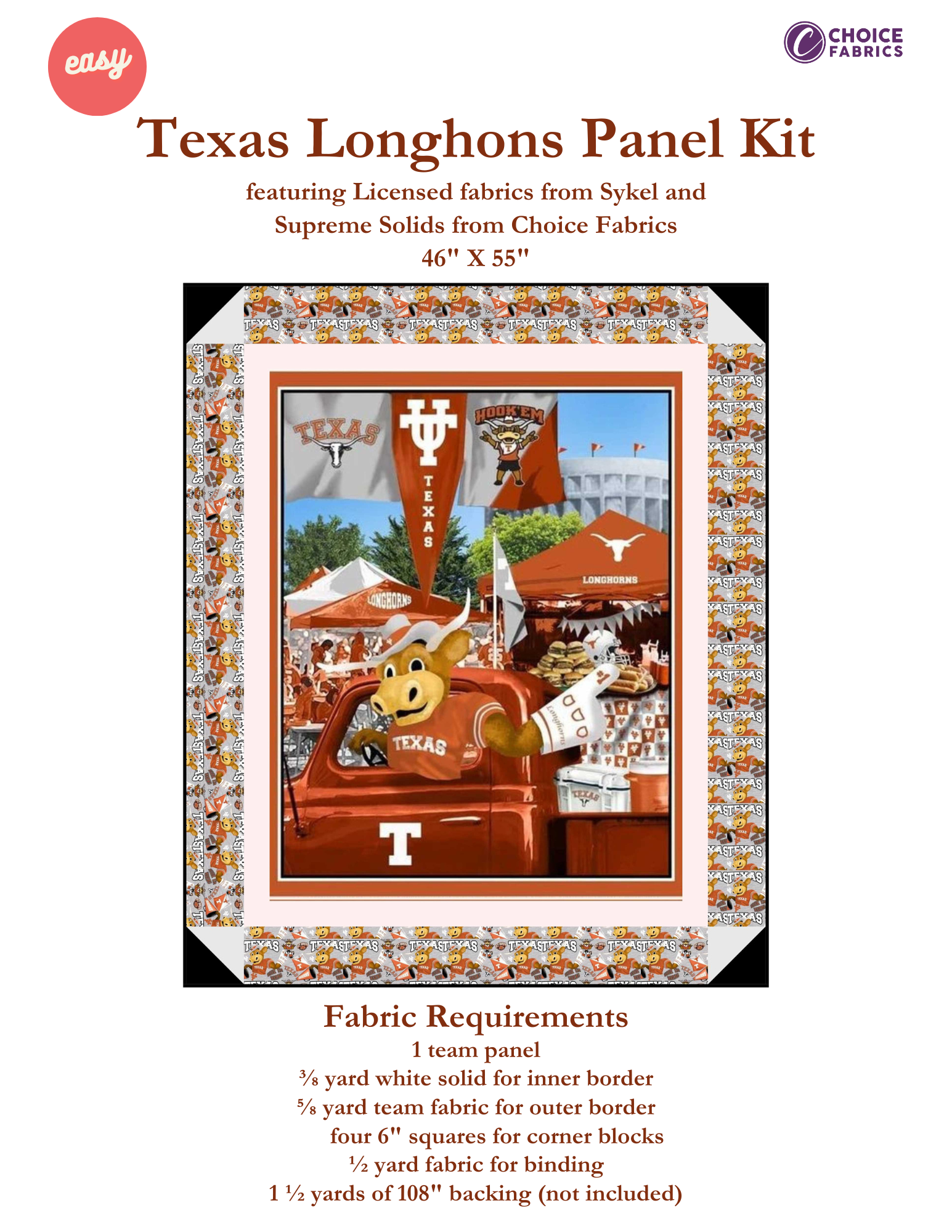 Texas Longhorns - Tailgate Panel - Quilt Kit | Batting Included