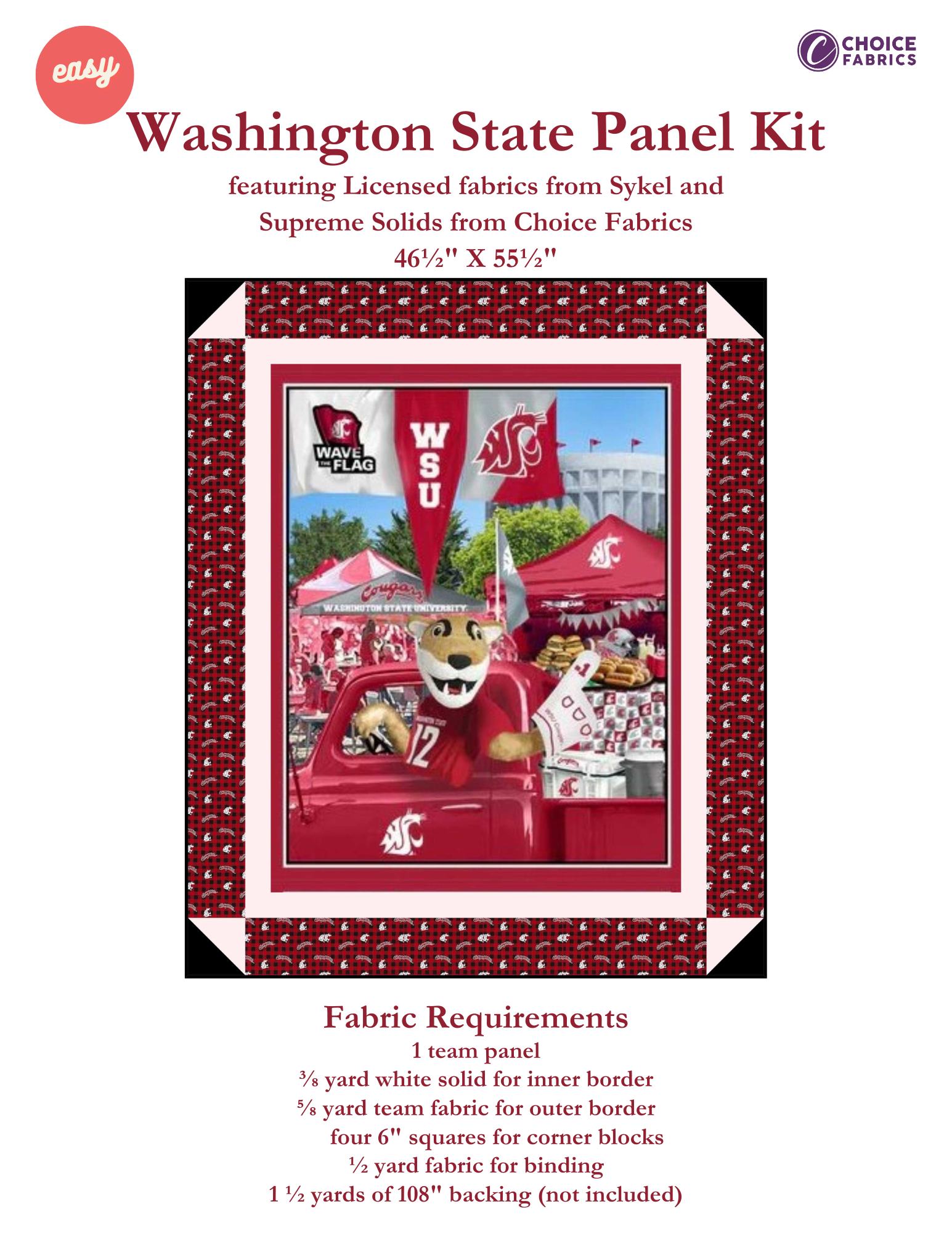Washington State Cougars - Tailgate Panel - Quilt Kit | Batting Included