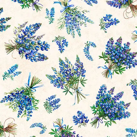 Cream Bluebonnet Bouquets Cotton 44"/45" Fabric Per Yard