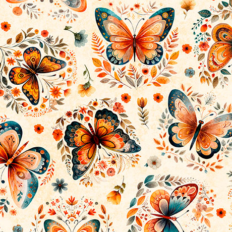 Cream Butterflies Harvest Hollow 44"/45" Cotton Fabric per yard
