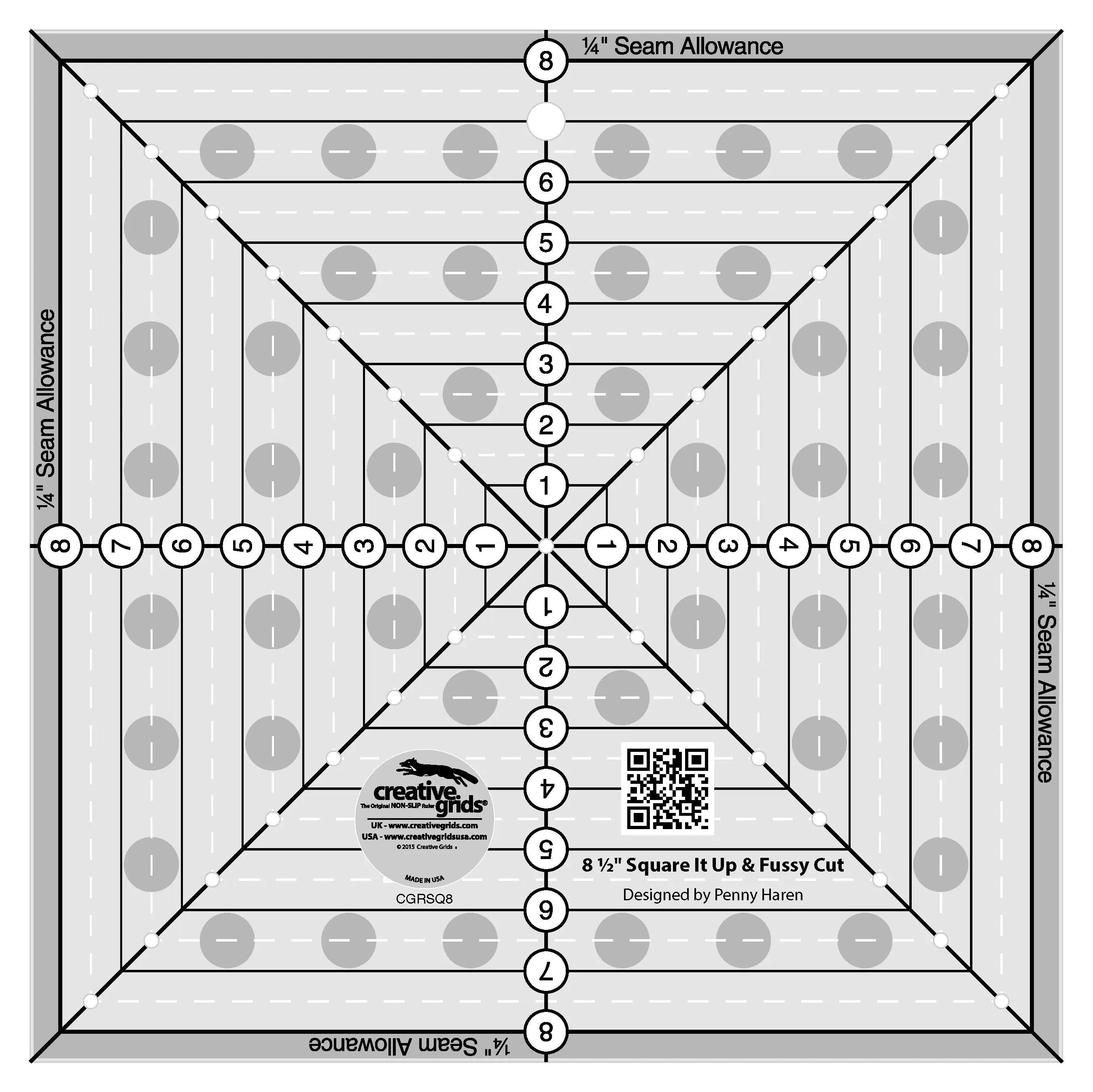 Creative Grids 8-1/2in Square It Up or Fussy Cut Square Quilt Ruler - Linda's Electric Quilters