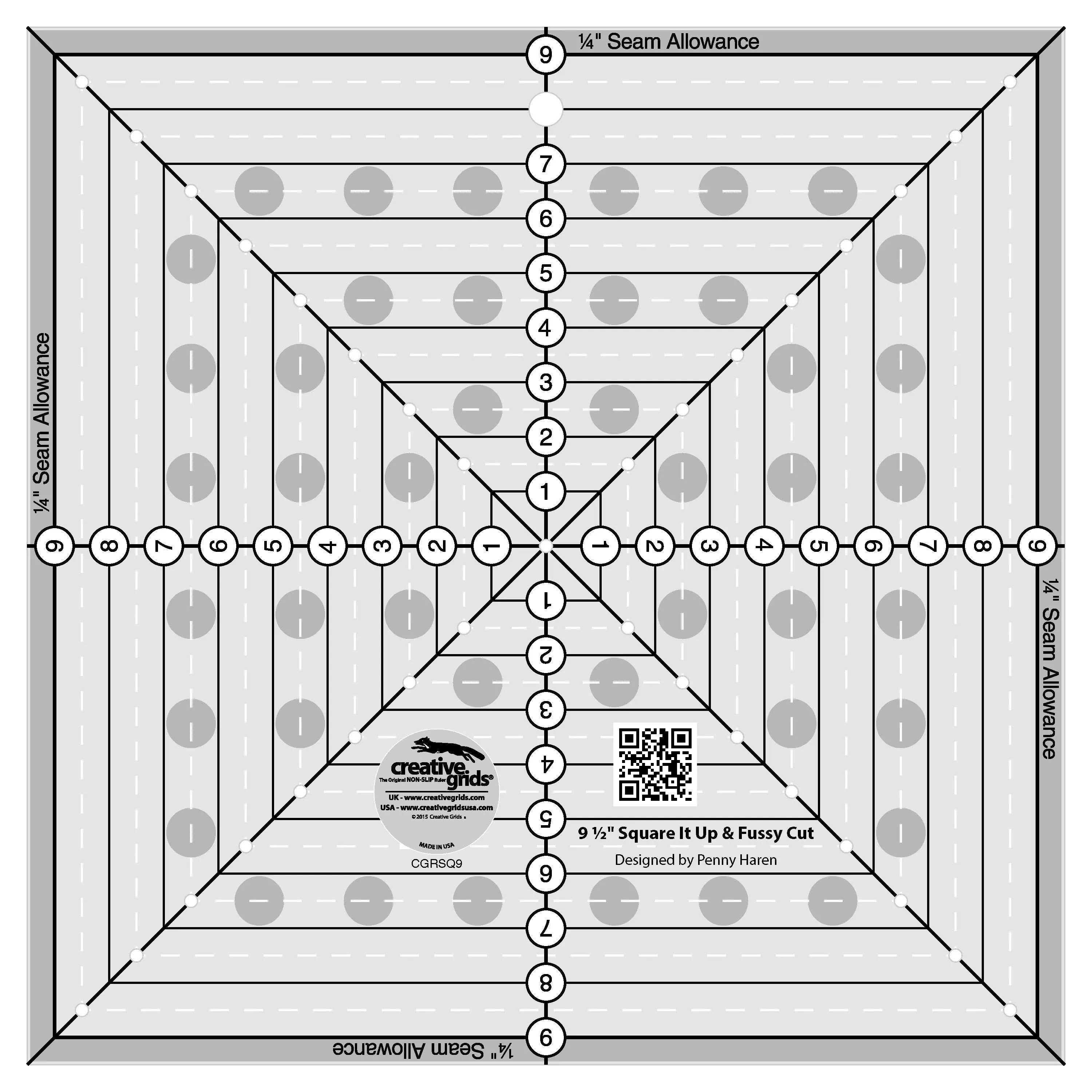 Creative Grids 9-1/2in Square It Up or Fussy Cut Square Quilt Ruler - Linda's Electric Quilters