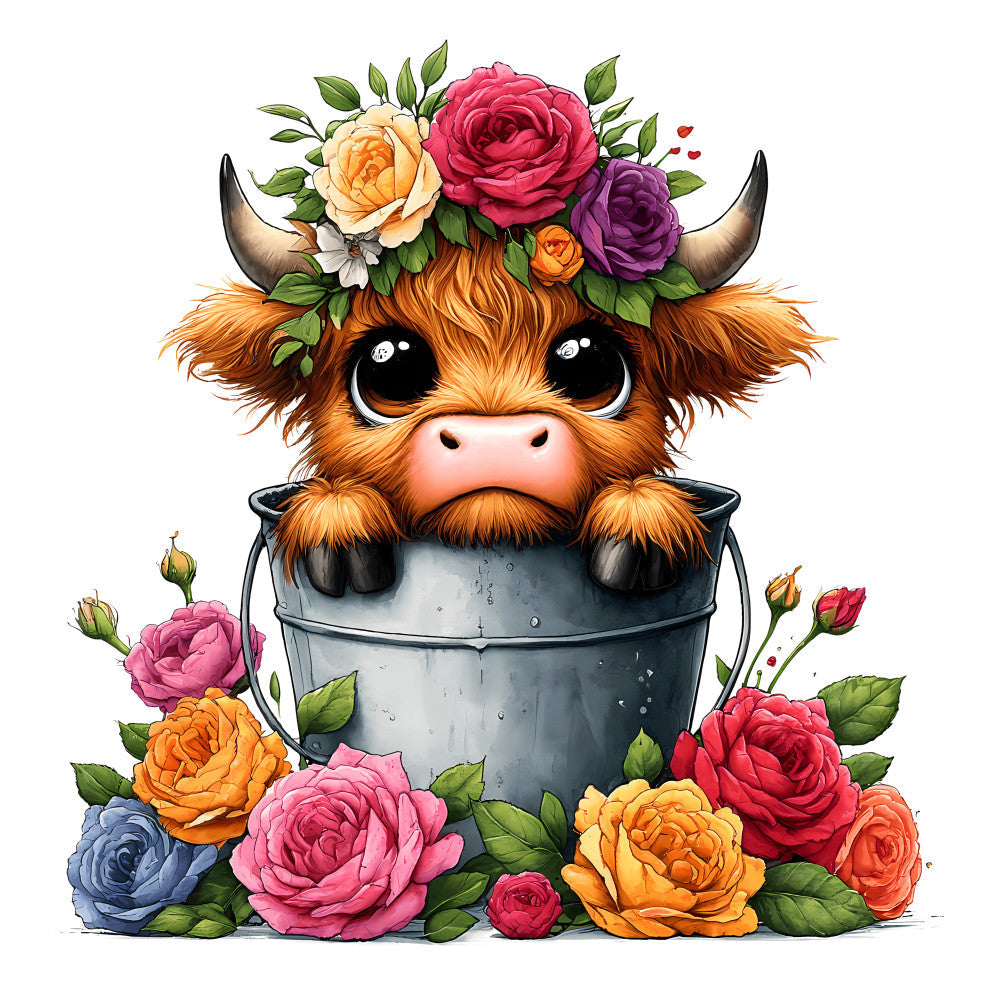 Cute Highland Cows in Buckets Fabric Panel 12
