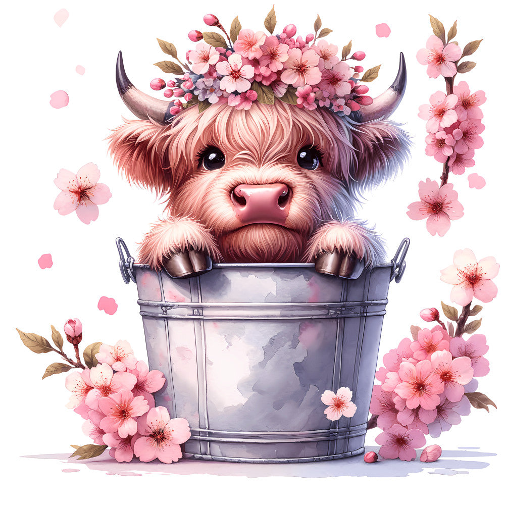 Cute Highland Cows in Buckets Fabric Panel 13 QuiltingFabricPanels