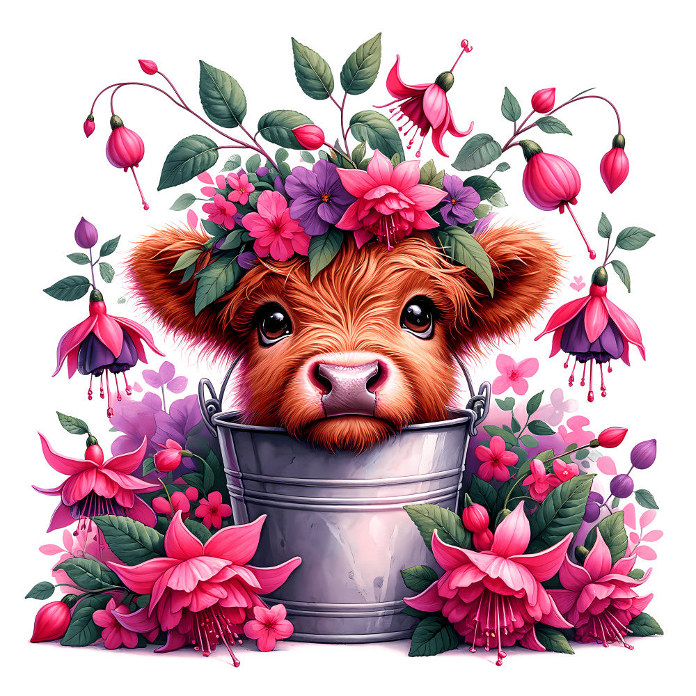 Cute Highland Cows in Buckets Fabric Panel 14