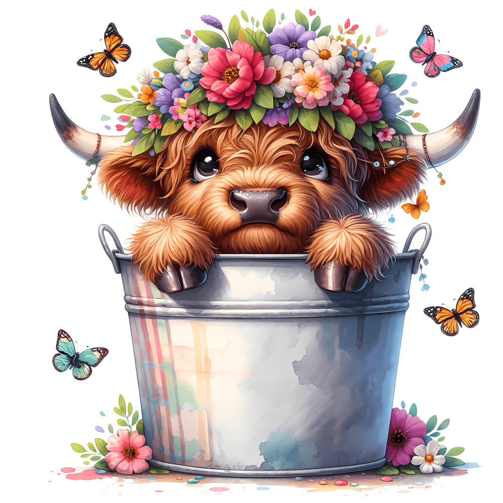 Cute Highland Cows in Buckets Fabric Panel 15