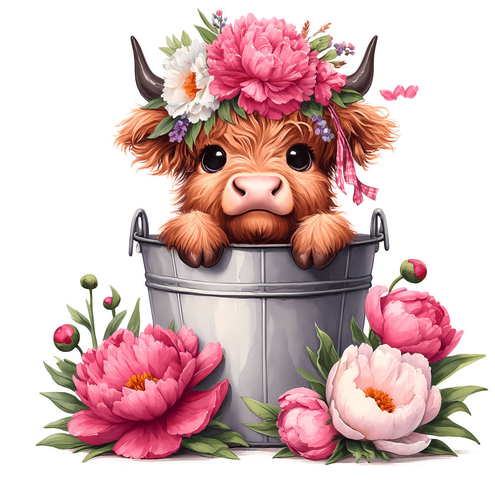 Cute Highland Cows in Buckets Fabric Panel 16