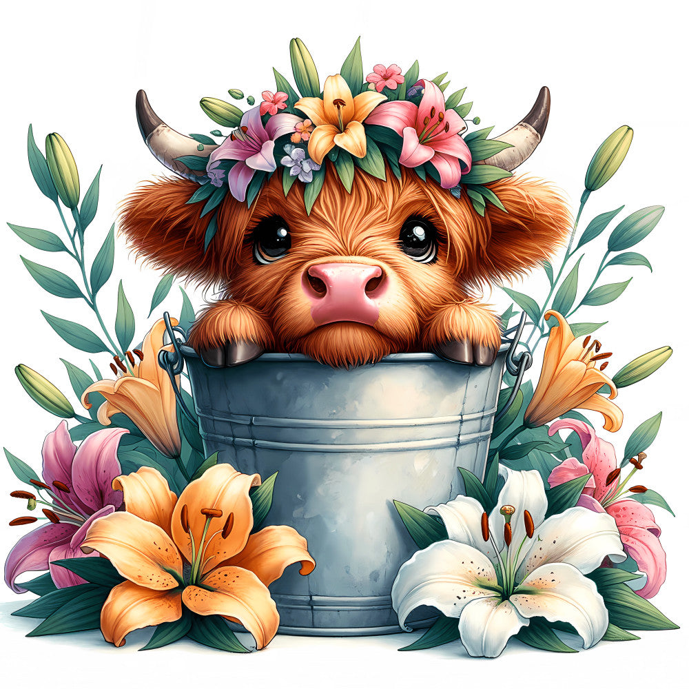 Cute Highland Cows in Buckets Fabric Panel 3