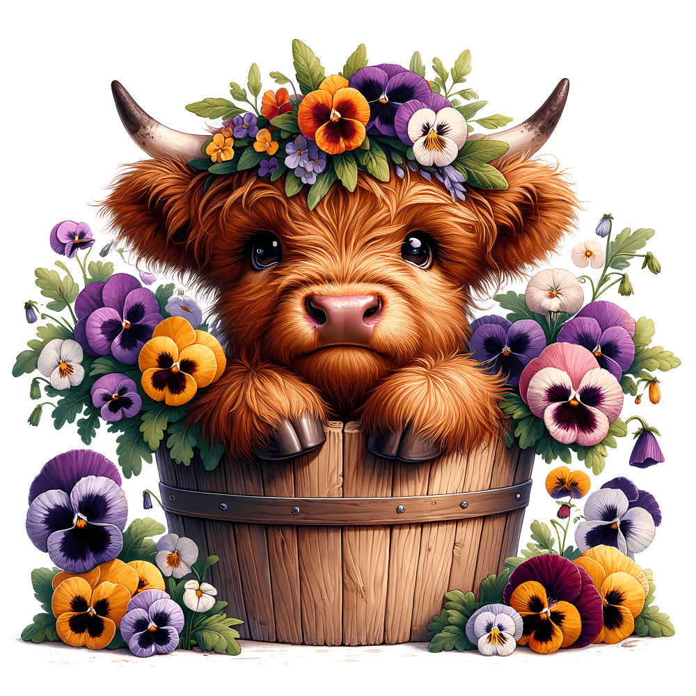 Cute Highland Cows in Buckets Fabric Panel 4