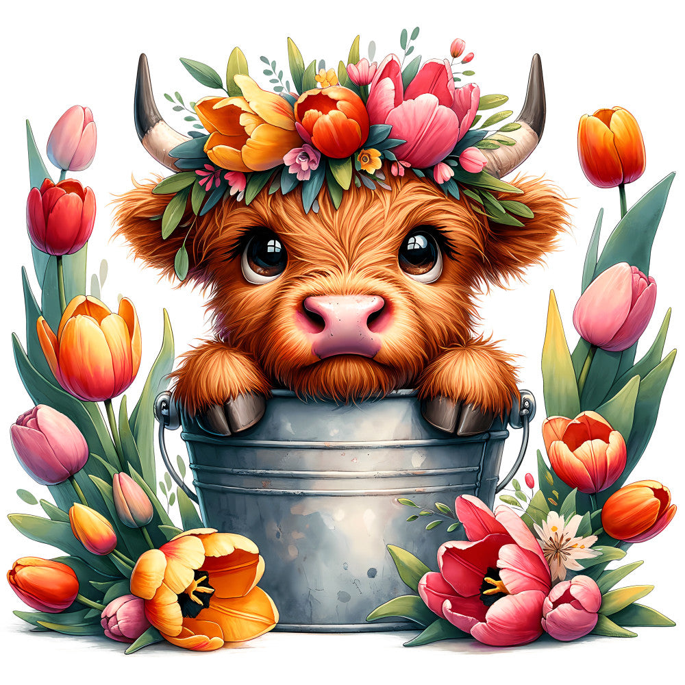 Cute Highland Cows in Buckets Fabric Panel 5