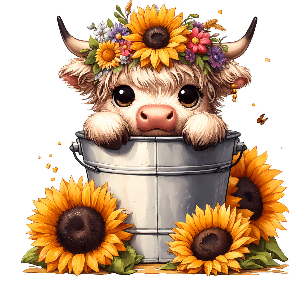 Cute Highland Cows in Buckets Fabric Panel 6