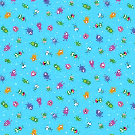 Michael Miller Storm Space Monster Blue quilting fabric — friendly space monsters in storm blue