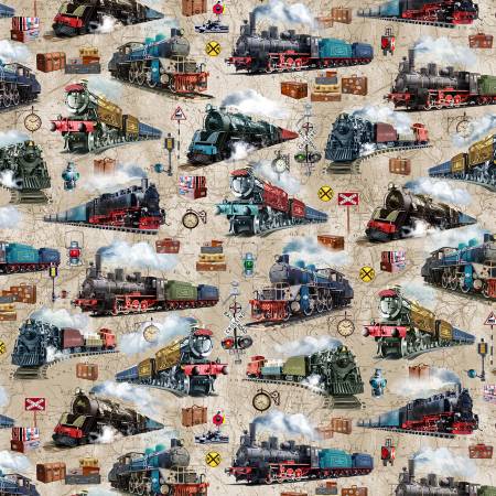 Michael Miller Tan Full Steam Ahead quilting fabric — steam train print on tan