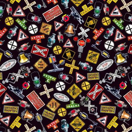 Michael Miller Black Railroad Crossing quilting fabric — railroad crossing print on black