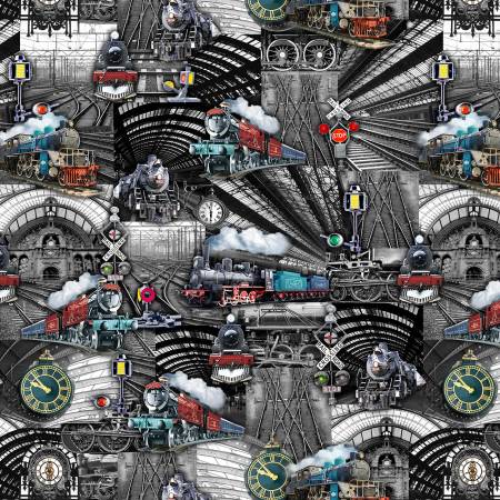 Michael Miller Pewter Central Station quilting fabric — train station print on pewter gray