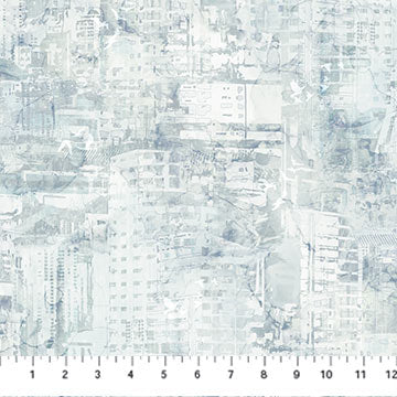 Northcott City Harbor Buildings Pale Blue quilting fabric — harbor-town buildings on pale blue