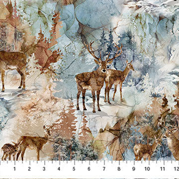 Northcott Deer White Multi quilting fabric with multicolor deer print on white