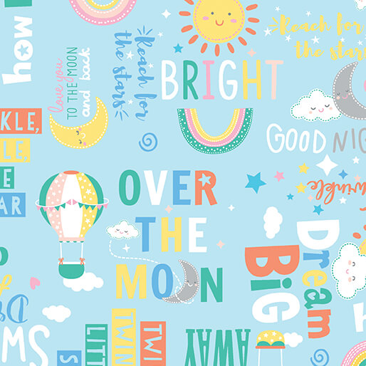 Benartex Comfort Flannel twinkle words sky blue cotton flannel