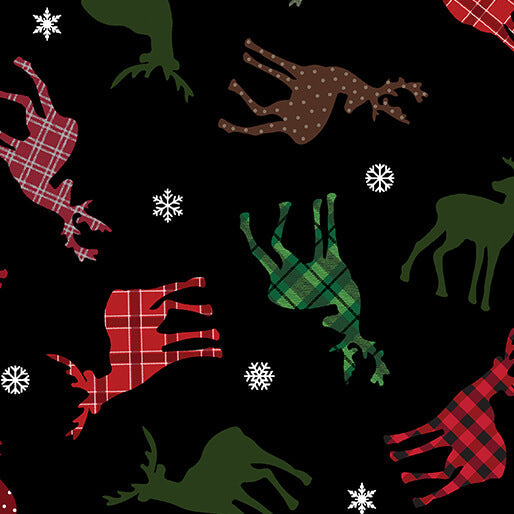Holiday Farmhouse Plaid - Tossed Deer - Black 44" / 45" Fabric Per Yard
