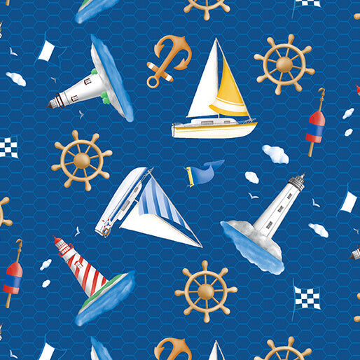 Sail Away - Lighthouses & Sailboats - Navy 44" / 45" Fabric Per Yard
